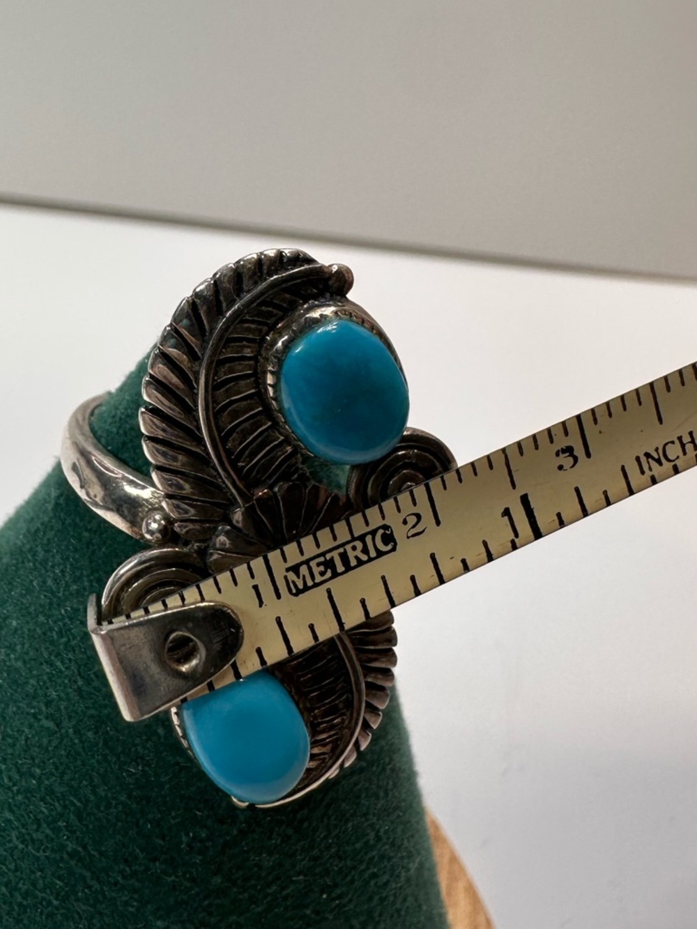 Turquoise Double-Stone Sterling Silver Feather Flower Ring - Picture 8 of 15
